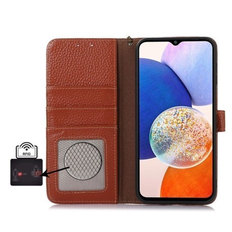 Шкіряний чохол-книжка KHAZNEH Genuine Leather RFID для Xiaomi Redmi Note 14 4G - кавовий