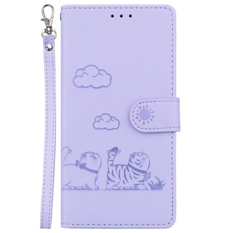 Чехол-книжка с тиснением &quot;Cute Cats&quot; и защитой от сканирования RFID на Samsung Galaxy A07 4G / A06 4G / 5G - фиолетовый
