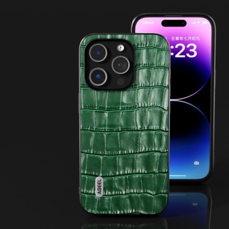 Противоударный чехол ABEEL Crocodile Texture Genuine Leather для iPhone 15 Plus - зеленый