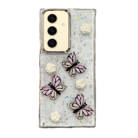 Противоударный чехол Plated Gradient Glitter Butterfly Holder для Samsung Galaxy S24 FE 5G - розовый