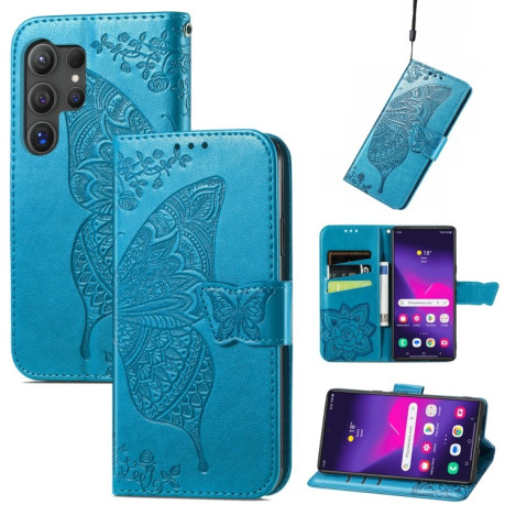 Чехол-книжка Butterfly Love Flower Embossed для Samsung Galaxy S24 Ultra 5G - синий