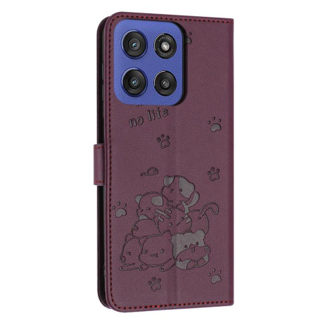Чехол-книжка Embossed Kitten Phone Leather для Motorola Edge 60 Fusion - винно-красный