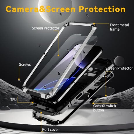 Протиударний чохол R-JUST Metal + Silicone + Tempered Glass Life Waterproof на iPhone 17 Pro - сріблястий