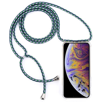 Four-Corner Anti-Fall Transparent TPU Mobile Phone Case With Lanyard for iPhone XS Max(Green White Blue)