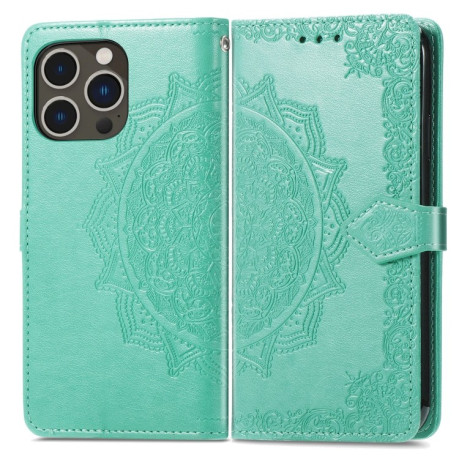 Чехол-книжка Lucky Clover Halfway Mandala Embossing Pattern на iPhone 15 Pro - зеленый
