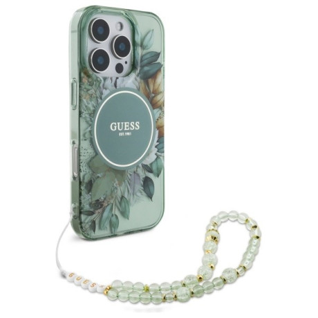 Оригінальний чохол Guess IML Flowers With Pearl Strap MagSafe для iPhone 16 Pro Max - green