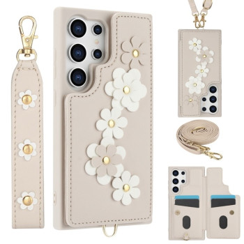 Чохол Crossbody Flower Pattern Leather для Samsung Galaxy S25 Ultra 5G - білий