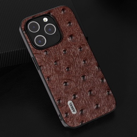 Кожаный чехол ABEEL Genuine Leather Ostrich Texture для iPhone 15 Pro - кофейный