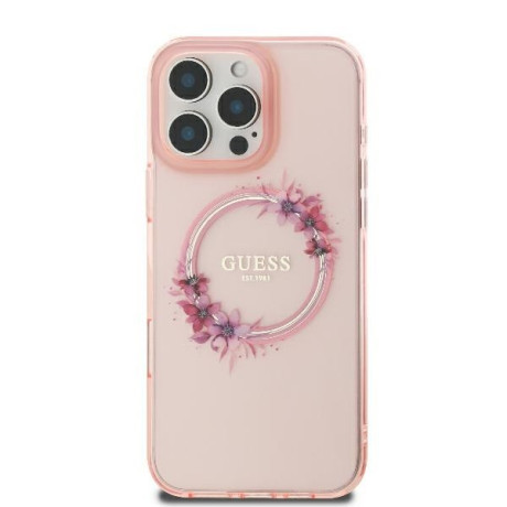 Оригинальный чехол Guess IML Flowers Wreath MagSafe для iPhone 16 Pro - Pink