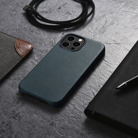 Кожаный чехол iCarer Leather Oil Wax (MagSafe) для iPhone 13 Pro Max - синий
