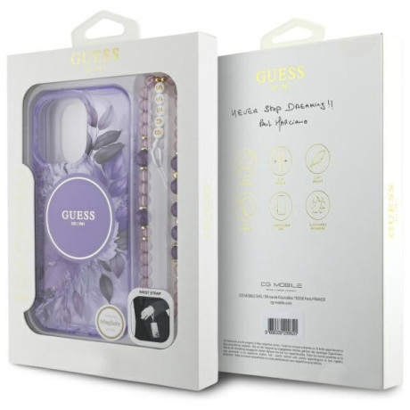 Оригінальний чохол Guess IML Flowers With Pearl Strap MagSafe для iPhone 16 Pro Max - purple