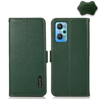 Кожаный чехол-книжка KHAZNEH Genuine Leather RFID для Realme GT Neo2 - зеленый