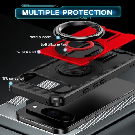 Противоударный чехол Ring Holder Carbon Fiber PC Hybrid TPU для Google Pixel 9 / 9 Pro - красный