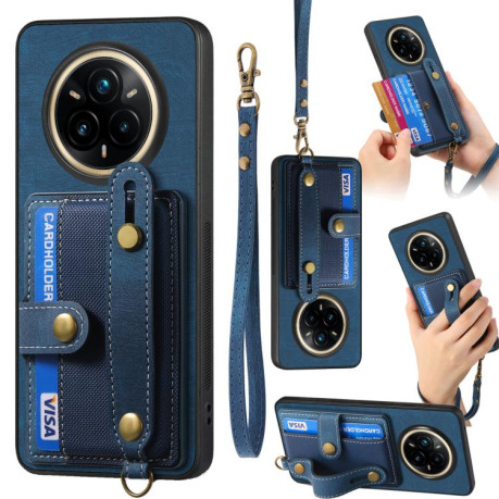Противоударний чехол Retro Cross Wristband Wallet Leather для Realme 14 Pro+ - синій