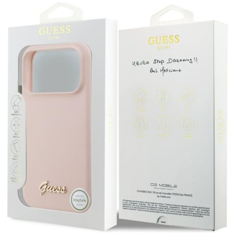 Оригинальный силиконовый чехол Guess Silicone Script Metal Logo с MagSafe на iPhone 17 Pro Max - Pink