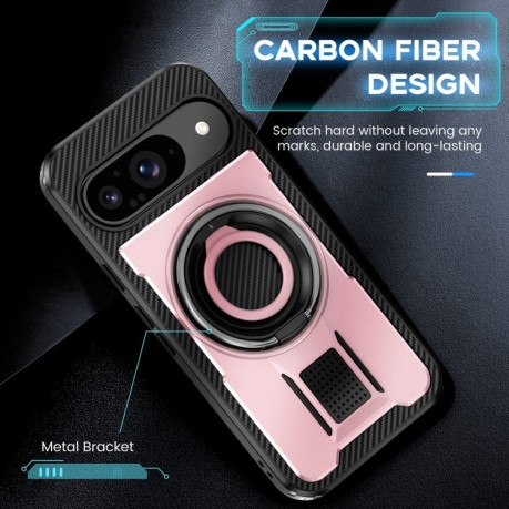 Противоударный чехол Ring Holder Carbon Fiber PC Hybrid TPU для Google Pixel 9 / 9 Pro - розовое золото