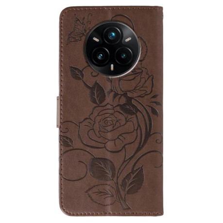 Чехол-книжка Rose Butterfly Embossed Leather для Realme 14 Pro+ - коричневий