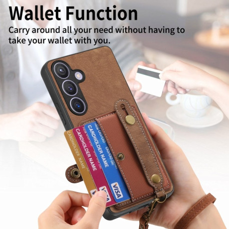 Противоударный чехол Retro Cross Wristband Wallet Leather для Samsung Galaxy S24+ 5G - коричневый