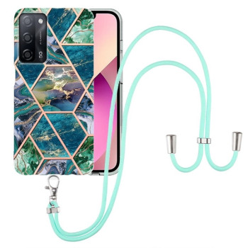 Противоударный чехол Electroplating with Neck Lanyard для OPPO A53s 5G / A55 5G / A54 4G / A16 - темно-синий