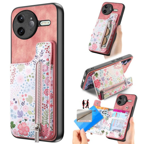 Противоударный чехол Retro Painted Zipper Wallet для Xiaomi Poco F7 Ultra 5G - розовый