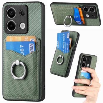 Противоударный чехол Carbon Fiber Card Wallet Ring Holder для Xiaomi Redmi Note 13 Pro+ 5G - зеленый