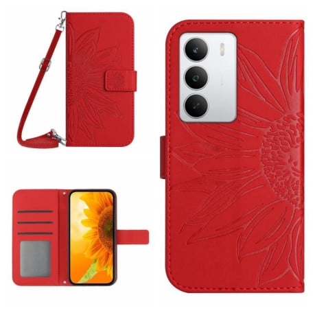 Чехол-книжка Skin Feel с рисунком подсолнуха на Realme C75 5G - красный
