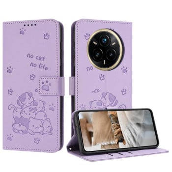 Чехол-книжка Embossed Kitten Phone Leather для Realme 14 Pro+ - фиолетовый