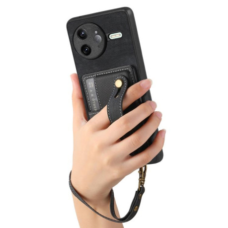 Противоударный чехол Retro Cross Wristband Wallet Leather для Xiaomi Poco F7 Ultra - черный
