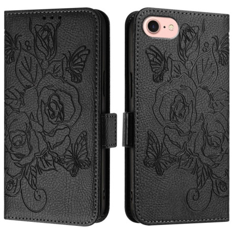 Чехол-книжка Embossed Rose RFID Anti-theft Leather для iPhone 16e - черный