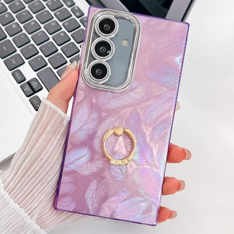 Противоударный чехол Plating Glitter Texture Ring Holder для Samsung Galaxy A36 5G - Purple Feathers