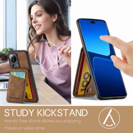 Противоударный чехол Fierre Shann Crazy Horse Card Holder для Xiaomi 13 Lite - коричневый