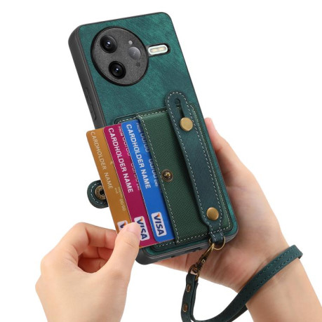 Противоударный чехол Retro Cross Wristband Wallet Leather для Xiaomi Poco F7 Ultra - зеленый