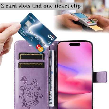 Чехол-книжка Embossed Butterfly для iPhone 16 - фиолетовый