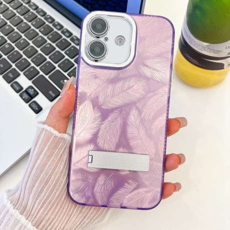 Протиударний чохол Plating Glitter Texture Fold Holder TPU with Lens Film для iPhone 16 Plus - Purple Feathers