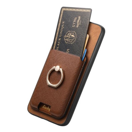 Чехол Retro Cross Leather Ring Vertical Insert Card Bag MagSafe для Motorola Moto G35 5G - коричневый