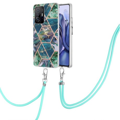 Противоударный чехол Electroplating with Neck Lanyard для Xiaomi Mi 11T / Mi 11T Pro - темно-зеленый