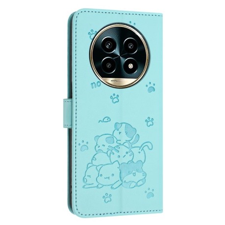 Чехол-книжка Embossed Kitten Phone Leather Case with Lanyard для Realme 13 Pro 5G - зеленый