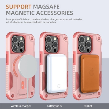 Противоударный чехол MagSafe Holder Armor PC Hybrid для iPhone 15 Pro - розовый