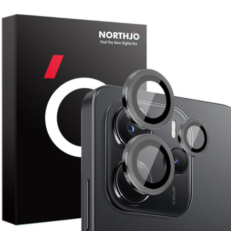 Защитное стекло для камеры NORTHJO Glitter Camera Lens Protector Tempered Glass Metal Ring на Xiaomi Redmi Note 14 4G 164.84mm - черное