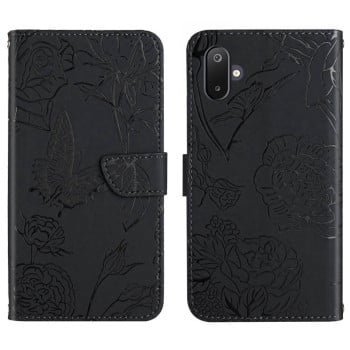 Чехол-книжка с тиснением “бабочки” и магнитным хлястиком на Samsung Galaxy M06 5G - черный