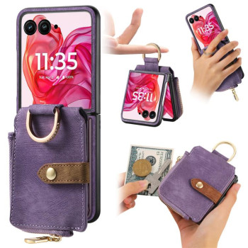 Чехол Cross Leather Ring Vertical Zipper Wallet для Motorola Razr 60 Ultra - фіолетовий