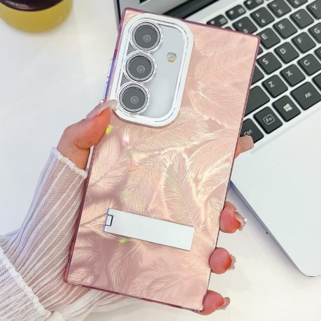 Противоударный чехол Plating Glitter Texture TPU with Lens Film для Samsung Galaxy S25+ 5G - Pink Feathers