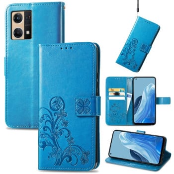 Чехол-книжка Four-leaf Clasp Embossed на OPPO Reno7 4G - синий