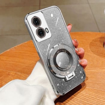 Противоударный чехол Plated Gradient Glitter Round Holder для Motorola Moto G85 - серебристый