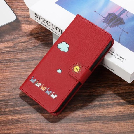 Чехол-книжка Cartoon Cats Leather для Xiaomi Poco M7 Pro 5G Global - красный