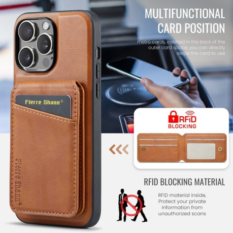 Чехол Fierre Shann Oil Wax Cow Leather Magnetic Card Holder на iPhone 16 Pro - коричневый