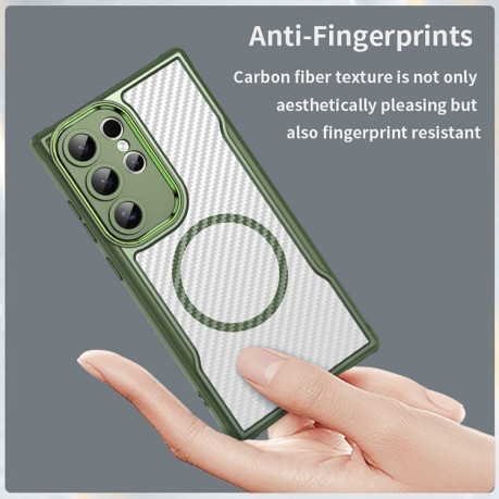 Ударозащитный чехол Carbon Fiber Texture MagSafe Translucent на Samsung Galaxy S25 Ultra 5G - зеленый