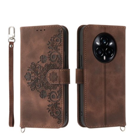 Чохол-книжка Skin-feel Flowers Embossed для Realme 14 Pro+ - коричневий