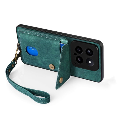 Противоударный чехол Retro Card Wallet Fold Leatherна для Xiaomi 14 - зеленый