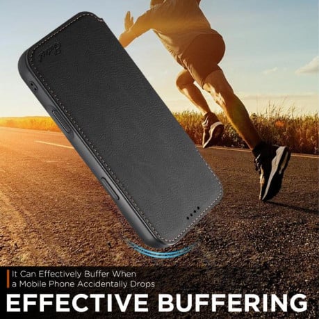 Чехол-книжка Suteni J06 с фактурой Retro Matte Litchi с MagSafe на iPhone 17 - черный